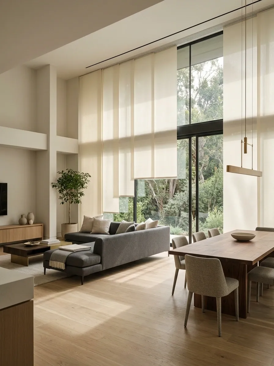 Wide Glass Wall With Contemporary Panel Track Shades
