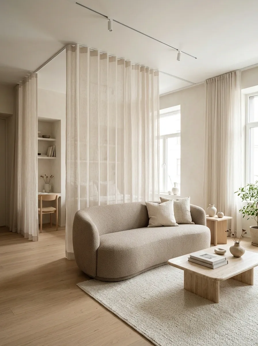 Wide Sheer Panels Behind a Curved Sofa in an Open Apartment
