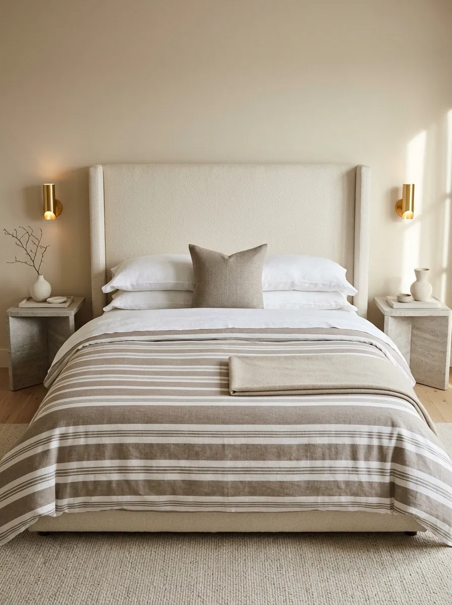 Wide Taupe Stripes in a Refined Hotel-Inspired Bedroom