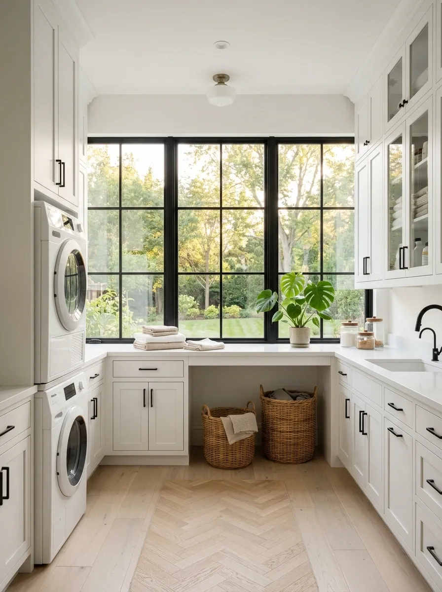 Window-Filled Laundry Room With Black Framing and White Surfaces