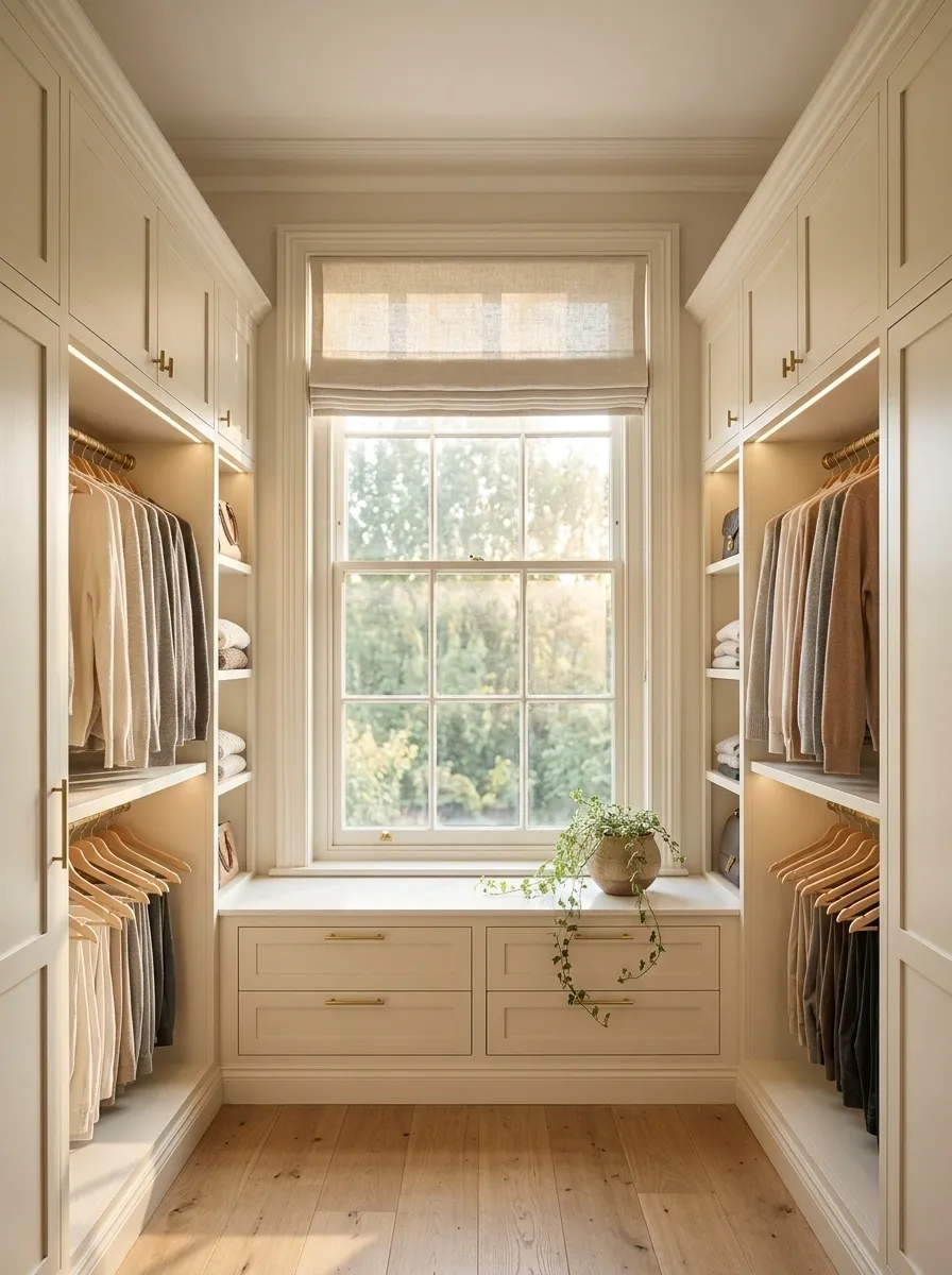 Window-Framing Closet With Low Storage Beneath the Glass