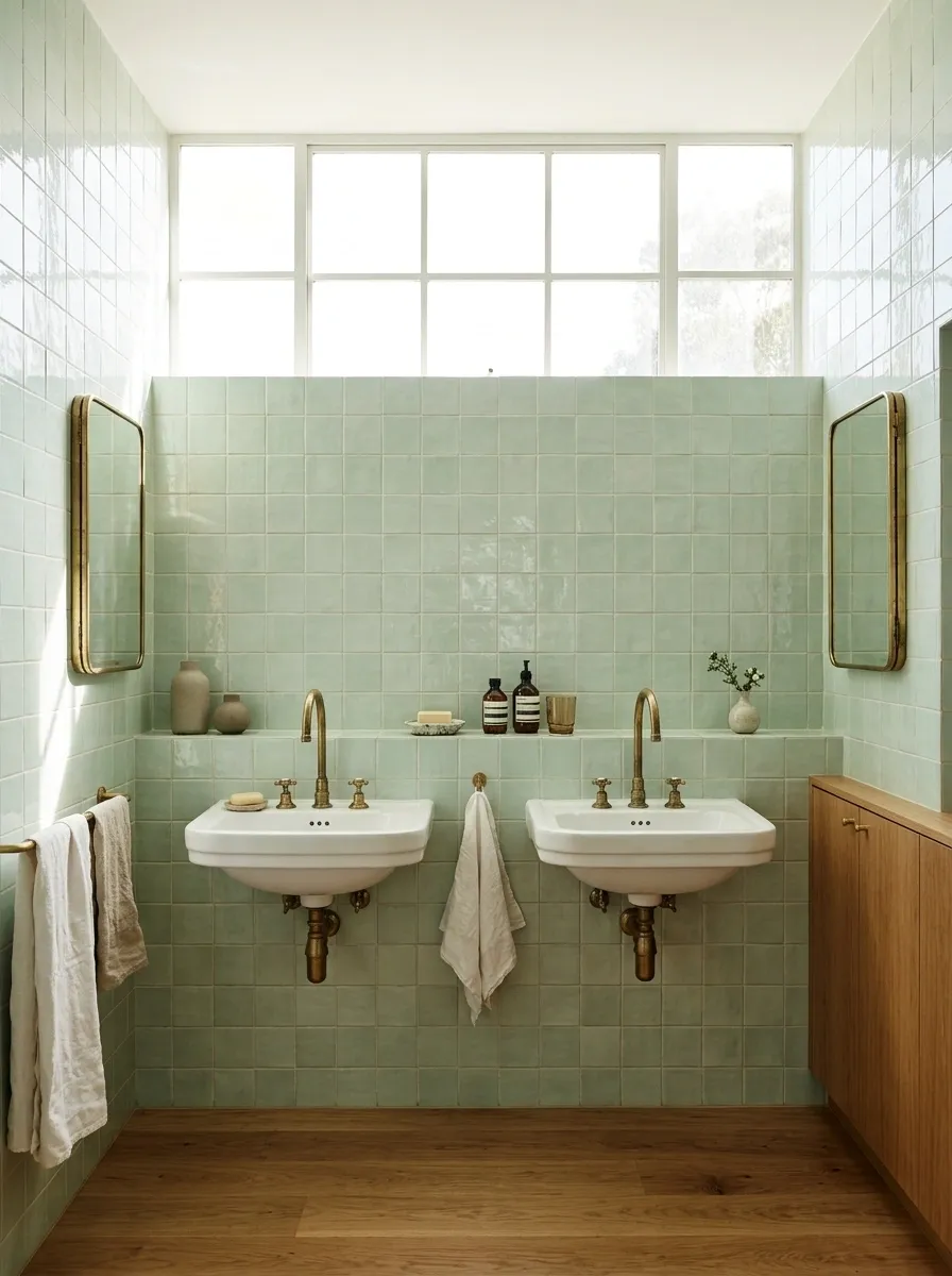Window-Wall Bathroom With Twin Basins and a Continuous Tile Ledge