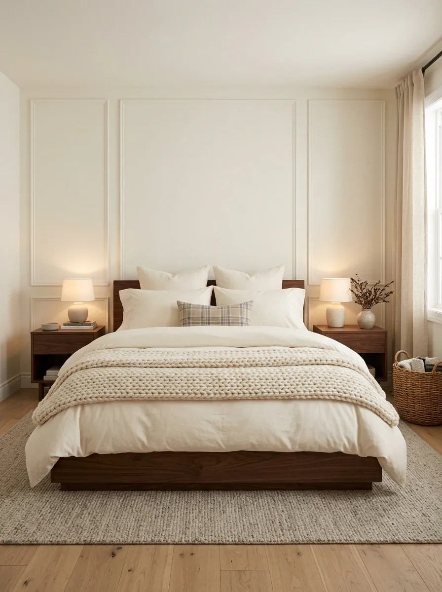 Winter Cream Bedding With a Chunky Knit Throw