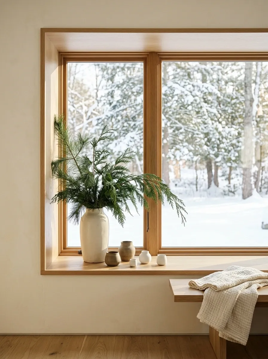 Winter Window With Evergreen Branches and Warm White Ceramics
