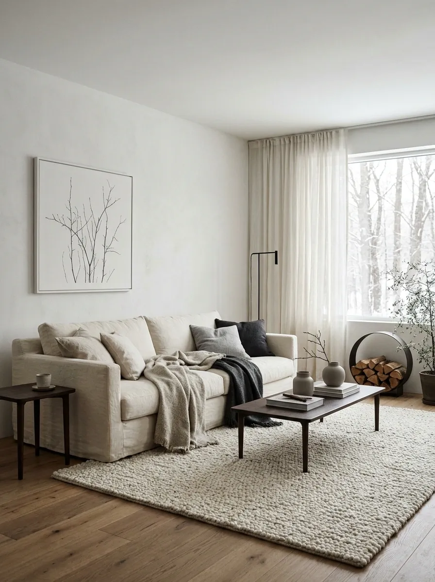 Winter Woodland Living Room With Chalk Walls and Dark Branching Lines