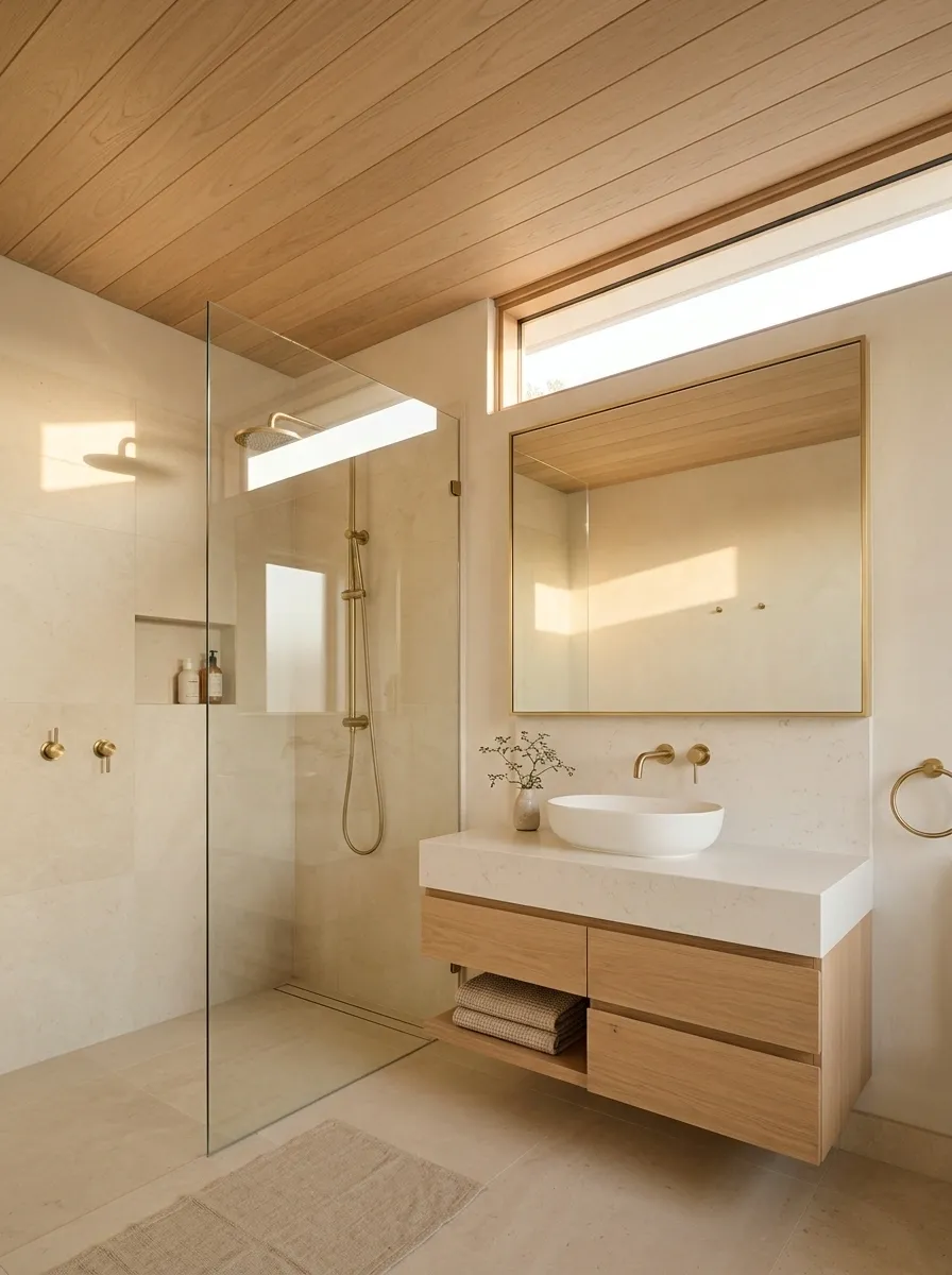 Wood-Look Ceiling Panels in a Compact Bathroom