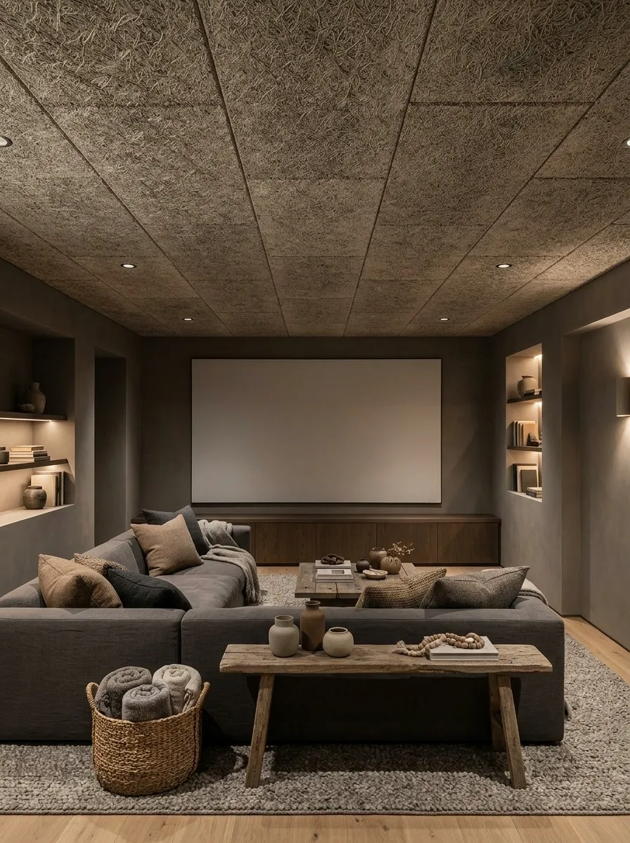Wood-Wool Acoustic Ceiling in a Basement Media Room