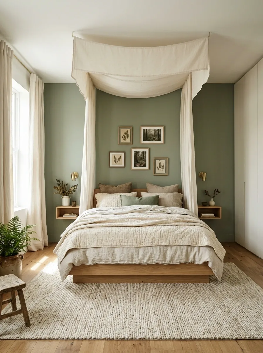 Woodland Bedroom With a Fabric Canopy and Plain Painted Storage