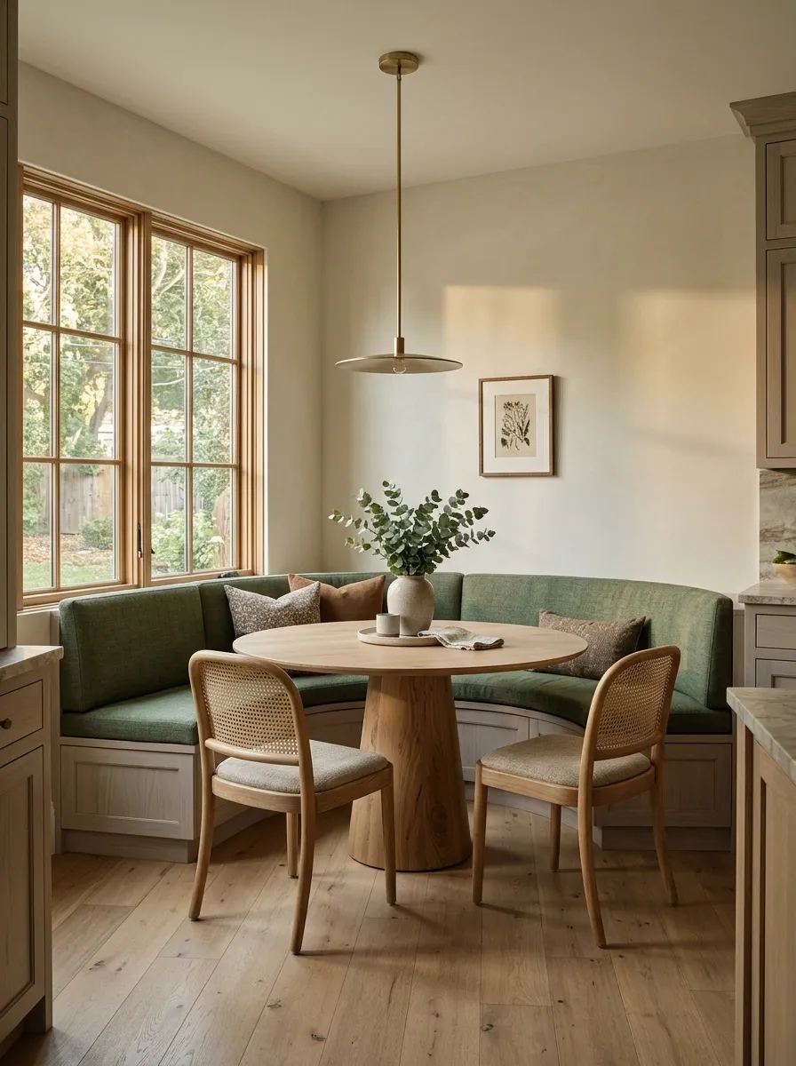 Woodland Dining Nook With a Curved Banquette and Pale Wall Paint