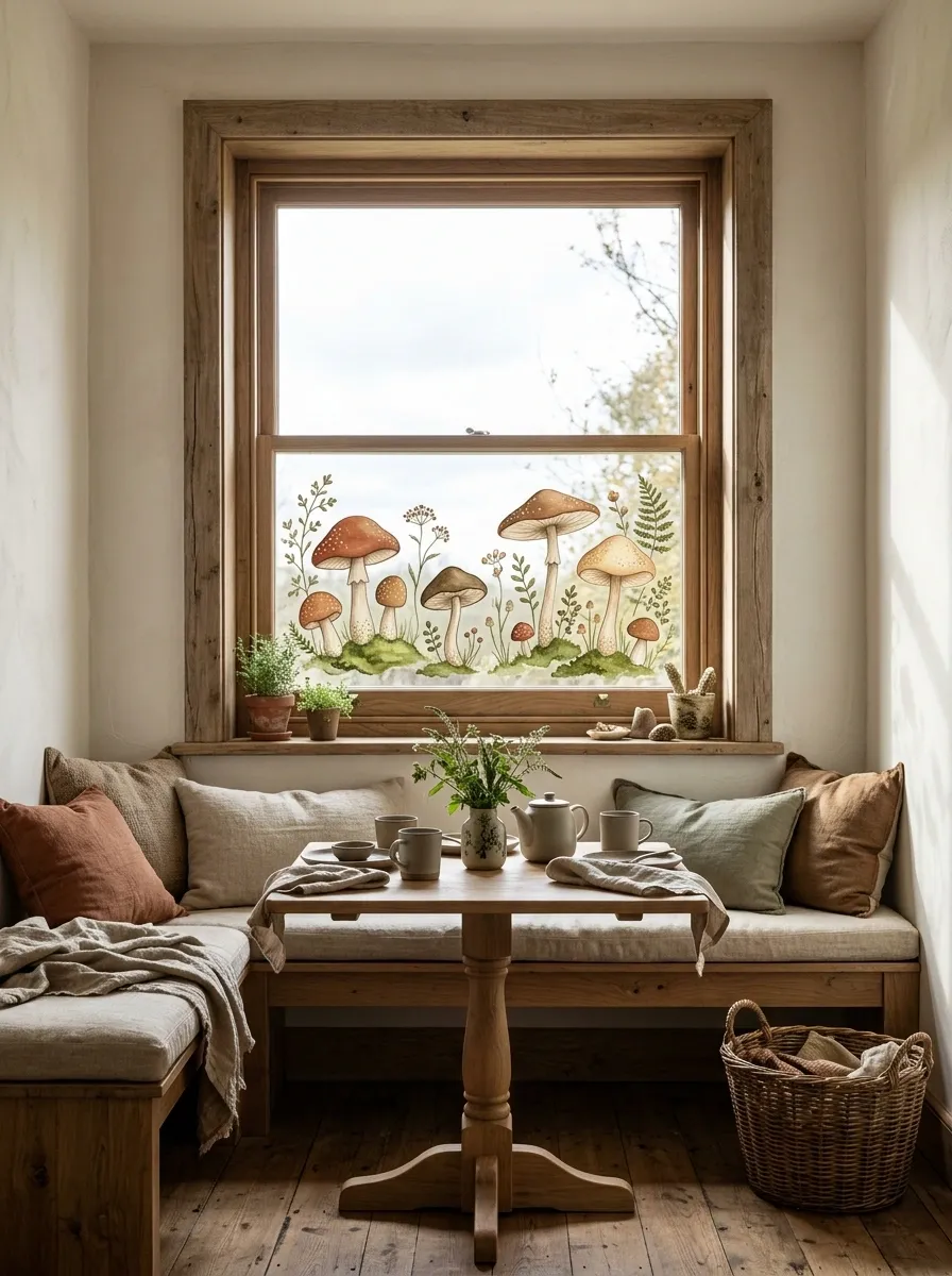 Woodland Mushrooms and Tiny Foliage in a Cottage Window