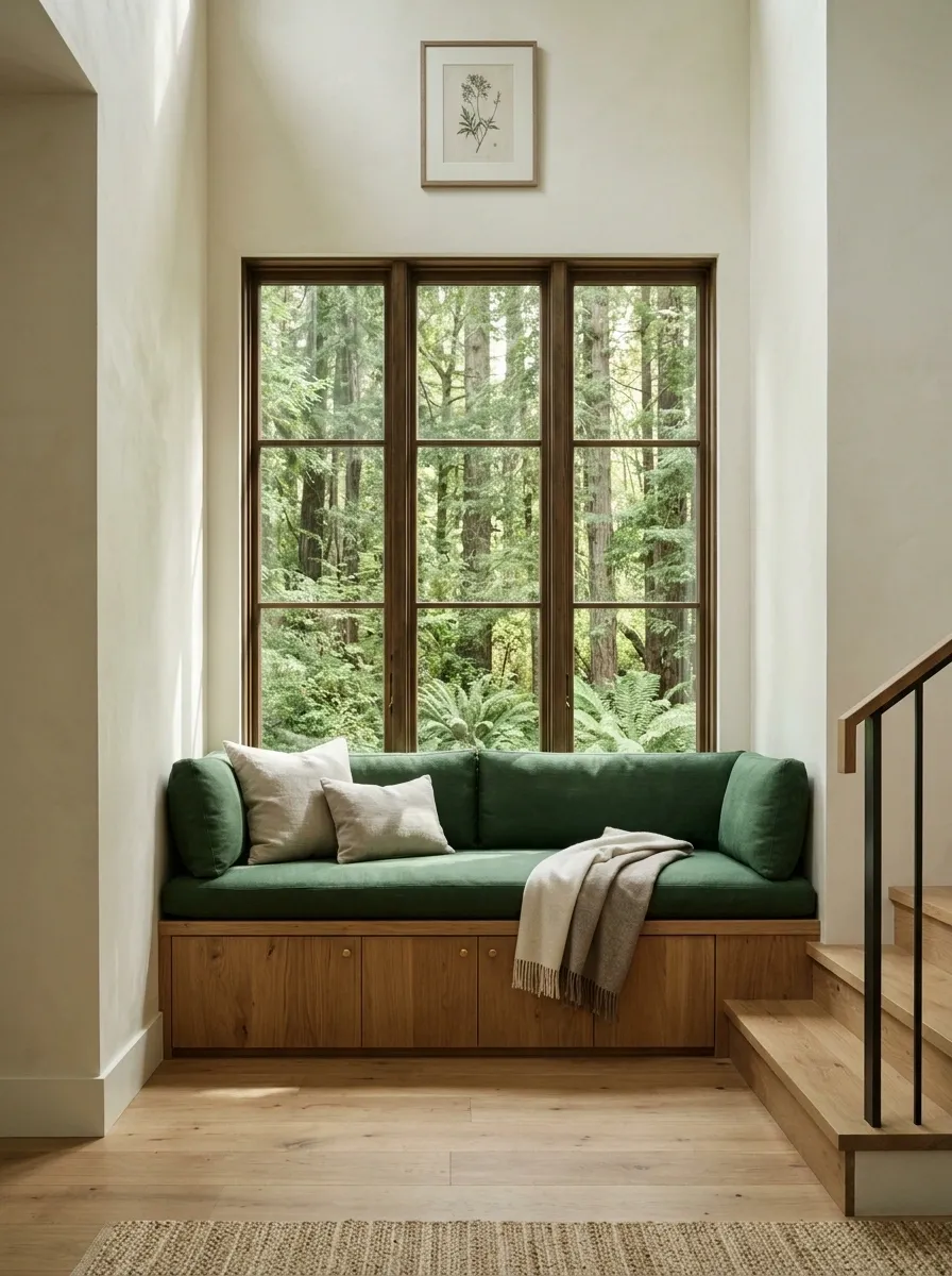 Woodland Stair Landing With a Built-In Bench and a Tall Window