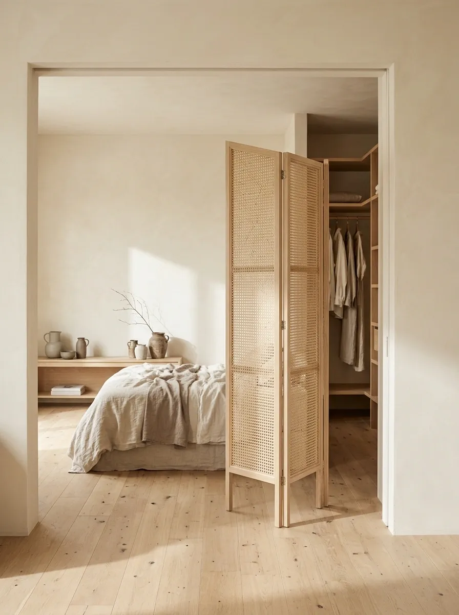 Woven Cane Folding Screen Paired With a Calm Japandi Room
