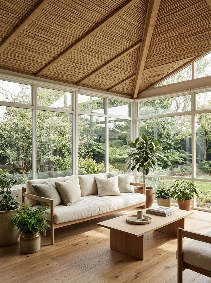 Woven Reed Ceiling in a Relaxed Sunroom