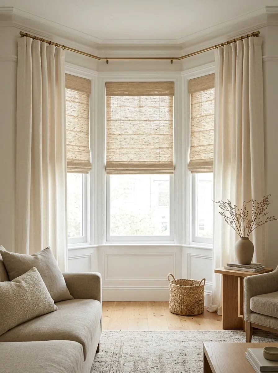 Woven Roman Shades With Stationary Linen Side Drapes