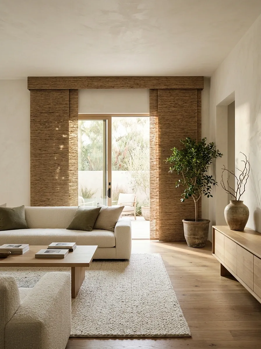Woven Wood Panel-Track Shades in an Organic Modern Room