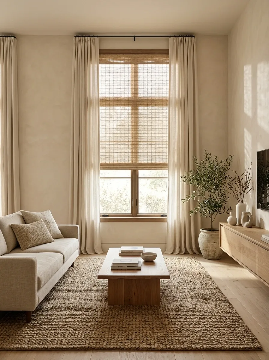 Woven Wood Shades With Linen Side Panels in an Organic Modern Living Room
